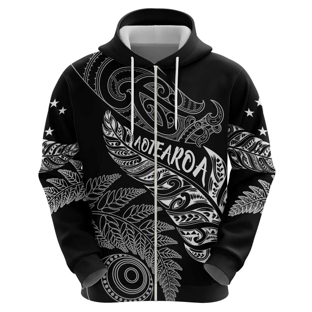 Aotearoa Personalized Lawn Bowls Maori Zip Hoodie New Zealand Black Tribal Silver Fern - Polynesian Pride