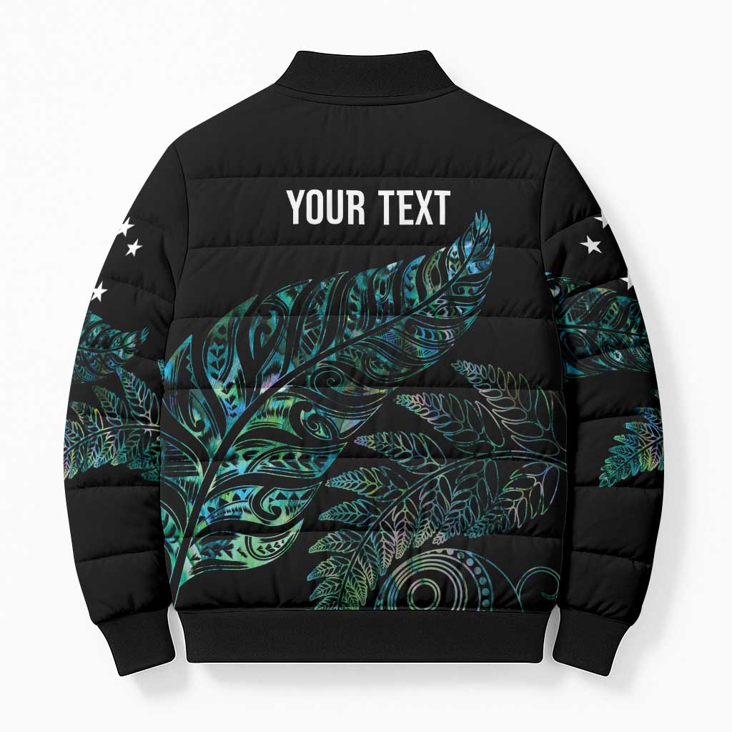 Aotearoa Personalized Lawn Bowls Maori Bomber Puffer Jacket New Zealand Paua Shell Tribal Silver Fern - Polynesian Pride