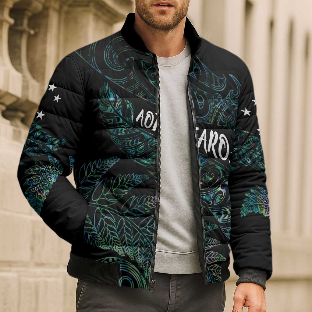 Aotearoa Personalized Lawn Bowls Maori Bomber Puffer Jacket New Zealand Paua Shell Tribal Silver Fern - Polynesian Pride