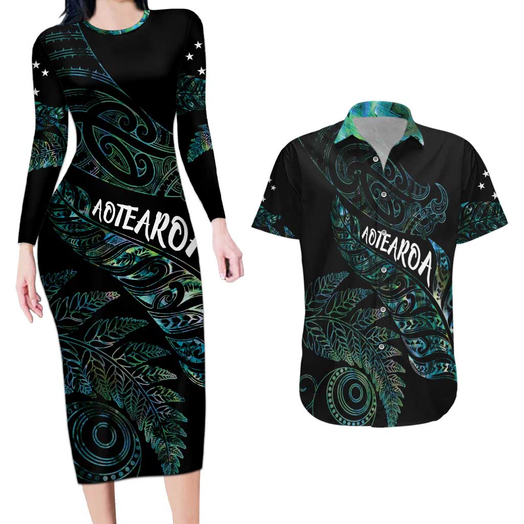 Aotearoa Personalized Lawn Bowls Maori Couples Matching Long Sleeve Bodycon Dress and Hawaiian Shirt New Zealand Paua Shell Tribal Silver Fern - Polynesian Pride