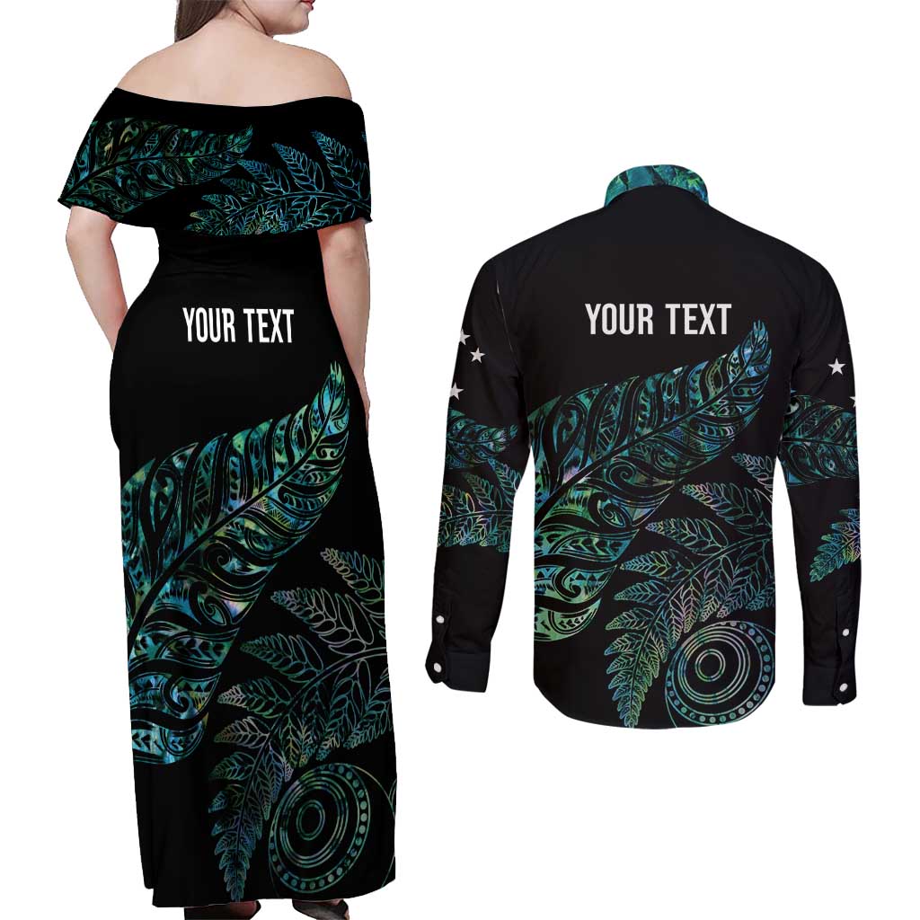 Aotearoa Personalized Lawn Bowls Maori Couples Matching Off Shoulder Maxi Dress and Long Sleeve Button Shirt New Zealand Paua Shell Tribal Silver Fern - Polynesian Pride