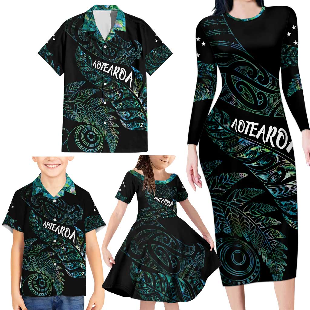 Aotearoa Personalized Lawn Bowls Maori Family Matching Long Sleeve Bodycon Dress and Hawaiian Shirt New Zealand Paua Shell Tribal Silver Fern - Polynesian Pride
