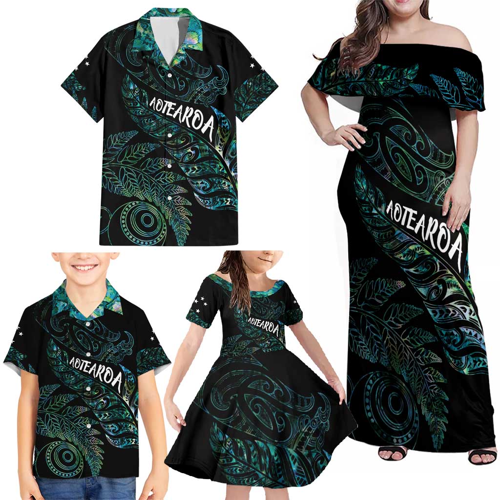 Aotearoa Personalized Lawn Bowls Maori Family Matching Off Shoulder Maxi Dress and Hawaiian Shirt New Zealand Paua Shell Tribal Silver Fern - Polynesian Pride