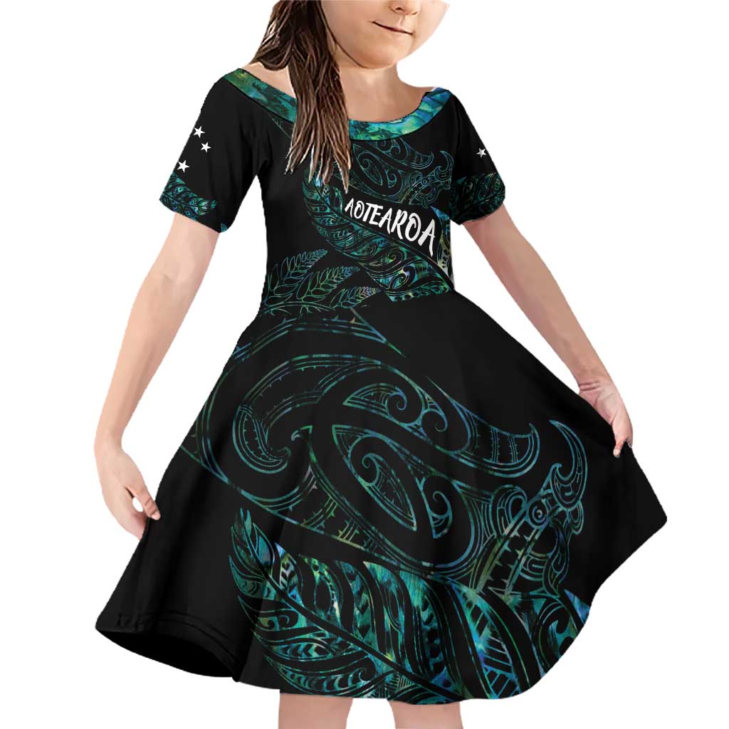 Aotearoa Personalized Lawn Bowls Maori Family Matching Off Shoulder Short Dress and Hawaiian Shirt New Zealand Paua Shell Tribal Silver Fern - Polynesian Pride