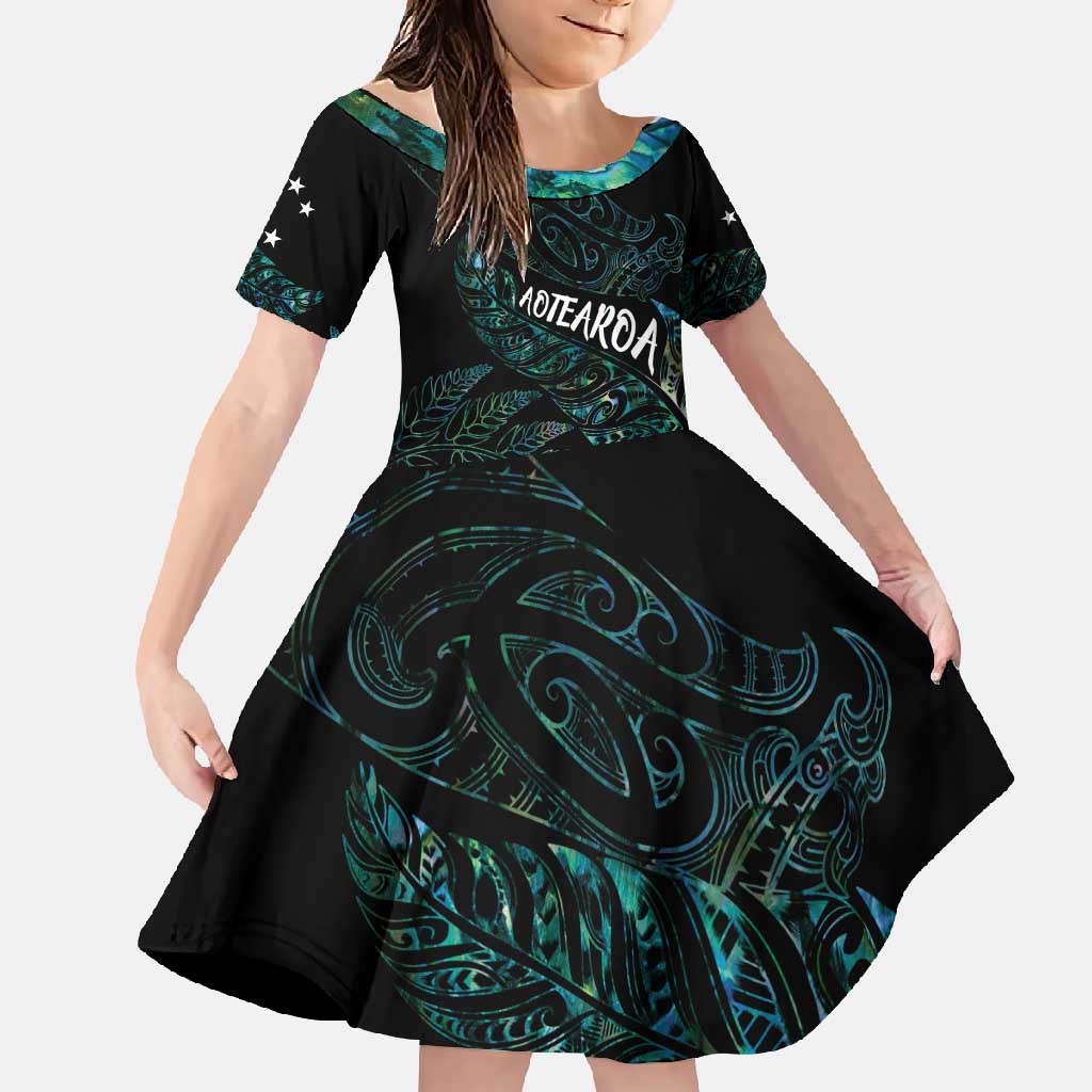 Aotearoa Personalized Lawn Bowls Maori Family Matching Short Sleeve Bodycon Dress and Hawaiian Shirt New Zealand Paua Shell Tribal Silver Fern - Polynesian Pride