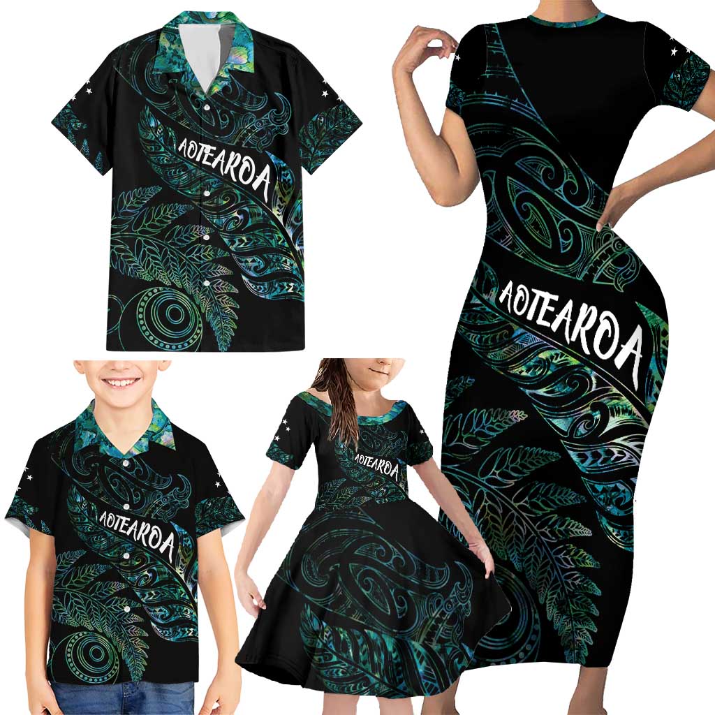Aotearoa Personalized Lawn Bowls Maori Family Matching Short Sleeve Bodycon Dress and Hawaiian Shirt New Zealand Paua Shell Tribal Silver Fern - Polynesian Pride