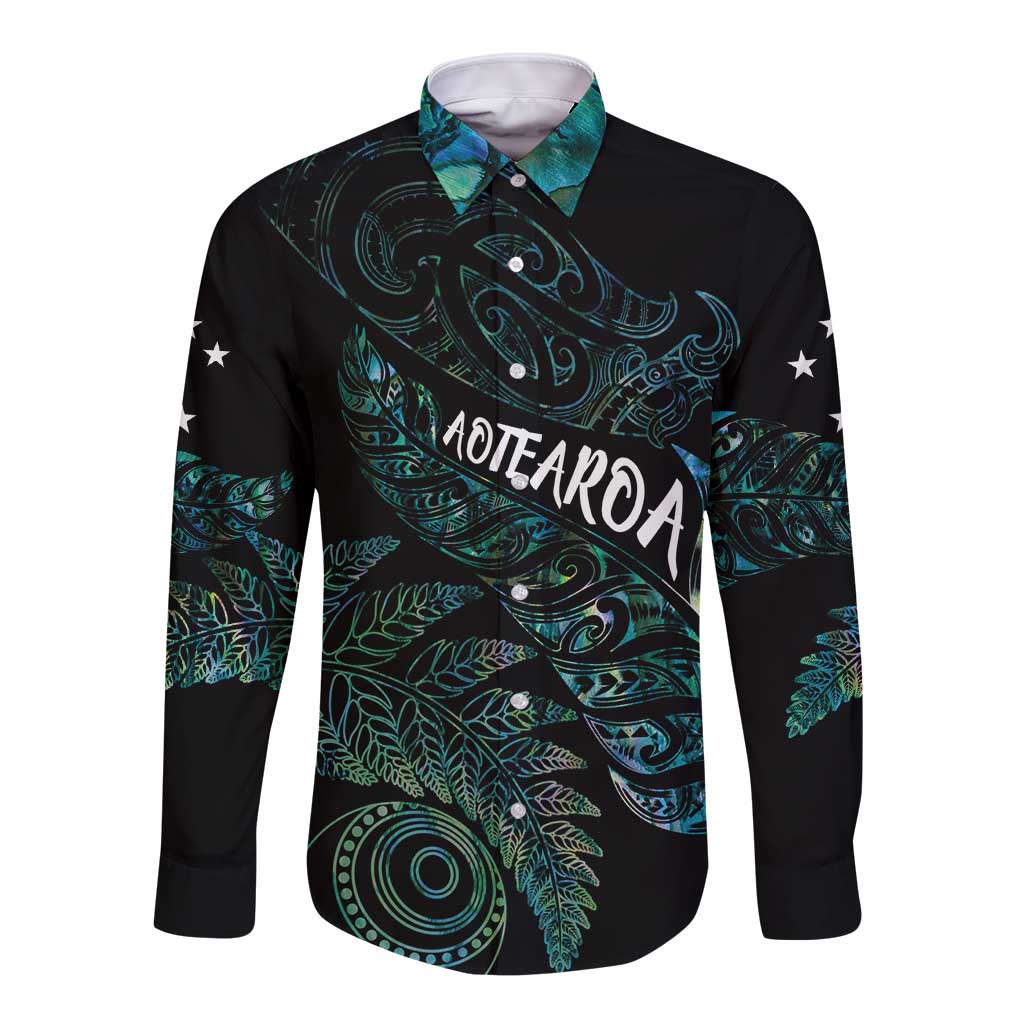 Aotearoa Personalized Lawn Bowls Maori Long Sleeve Button Shirt New Zealand Paua Shell Tribal Silver Fern - Polynesian Pride