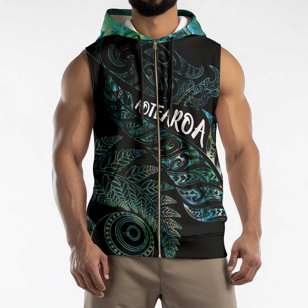 Aotearoa Personalized Lawn Bowls Maori Sleeveless Zip Hoodie New Zealand Paua Shell Tribal Silver Fern - Polynesian Pride