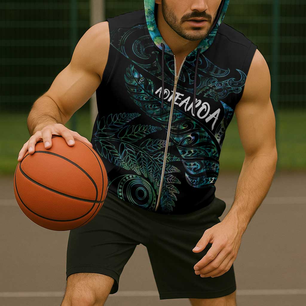 Aotearoa Personalized Lawn Bowls Maori Sleeveless Zip Hoodie New Zealand Paua Shell Tribal Silver Fern - Polynesian Pride