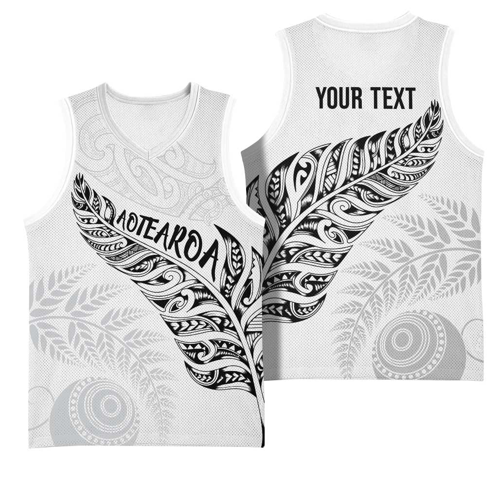 Aotearoa Personalized Lawn Bowls Maori Basketball Jersey New Zealand White Tribal Silver Fern - Polynesian Pride