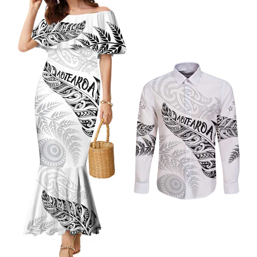 Aotearoa Personalized Lawn Bowls Maori Couples Matching Mermaid Dress and Long Sleeve Button Shirt New Zealand White Tribal Silver Fern - Polynesian Pride