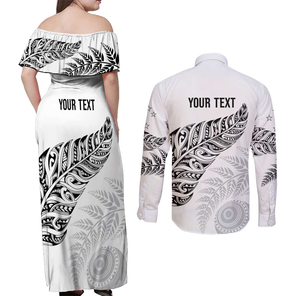 Aotearoa Personalized Lawn Bowls Maori Couples Matching Off Shoulder Maxi Dress and Long Sleeve Button Shirt New Zealand White Tribal Silver Fern - Polynesian Pride