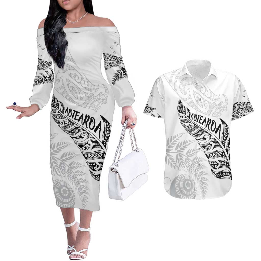 Aotearoa Personalized Lawn Bowls Maori Couples Matching Off The Shoulder Long Sleeve Dress and Hawaiian Shirt New Zealand White Tribal Silver Fern - Polynesian Pride
