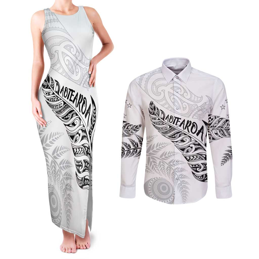 Aotearoa Personalized Lawn Bowls Maori Couples Matching Tank Maxi Dress and Long Sleeve Button Shirt New Zealand White Tribal Silver Fern - Polynesian Pride