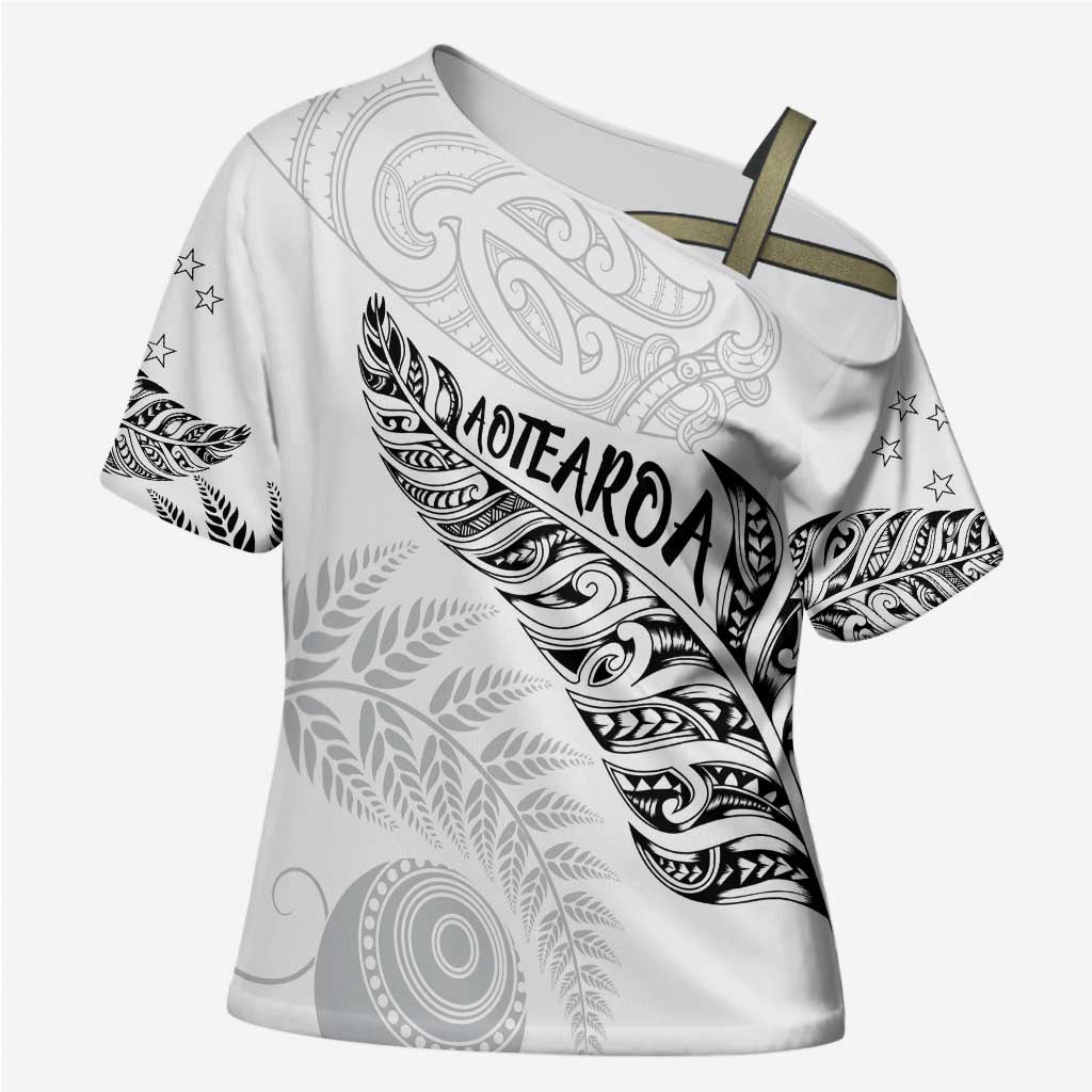 Aotearoa Personalized Lawn Bowls Maori Cross Shoulder Shirt New Zealand White Tribal Silver Fern - Polynesian Pride