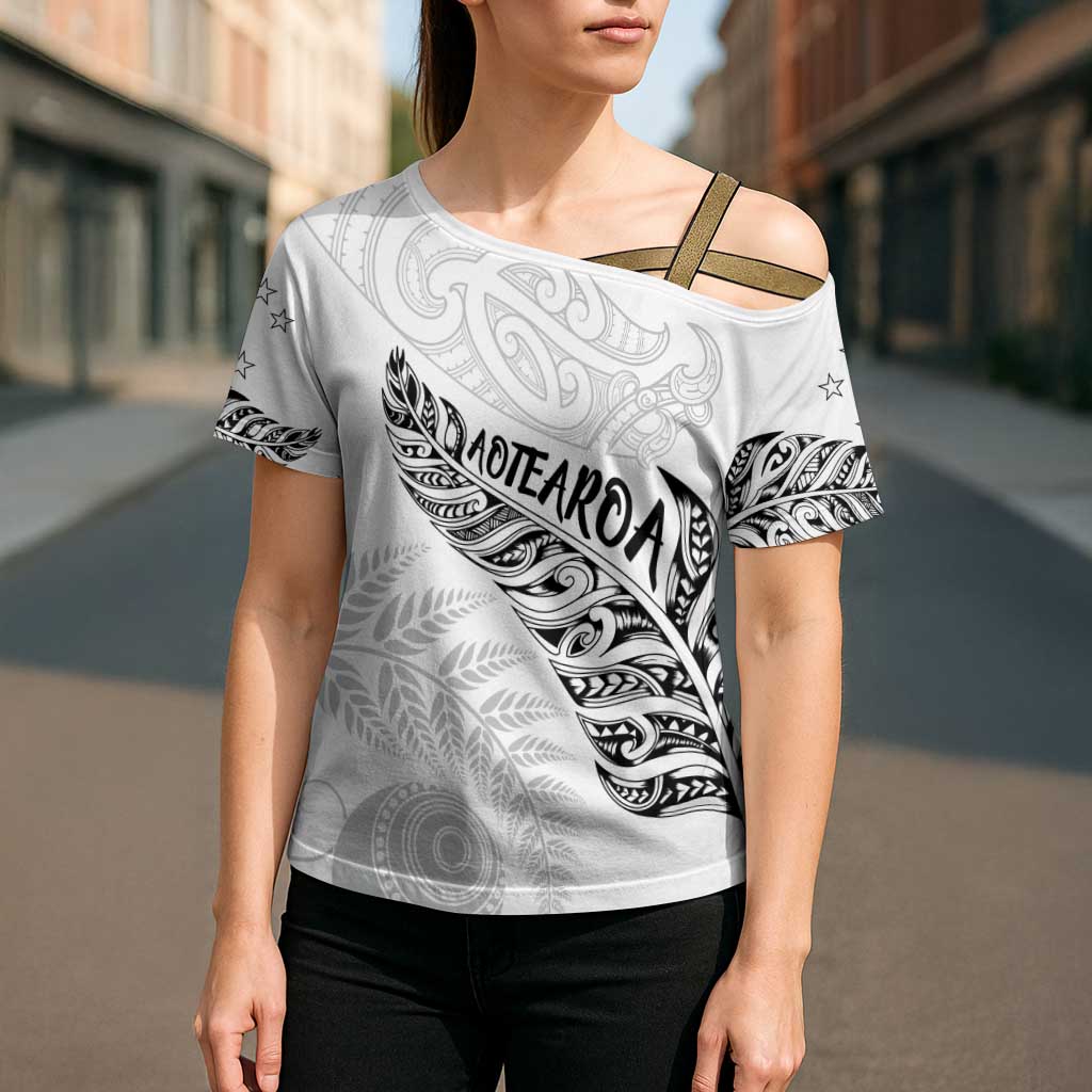 Aotearoa Personalized Lawn Bowls Maori Cross Shoulder Shirt New Zealand White Tribal Silver Fern - Polynesian Pride