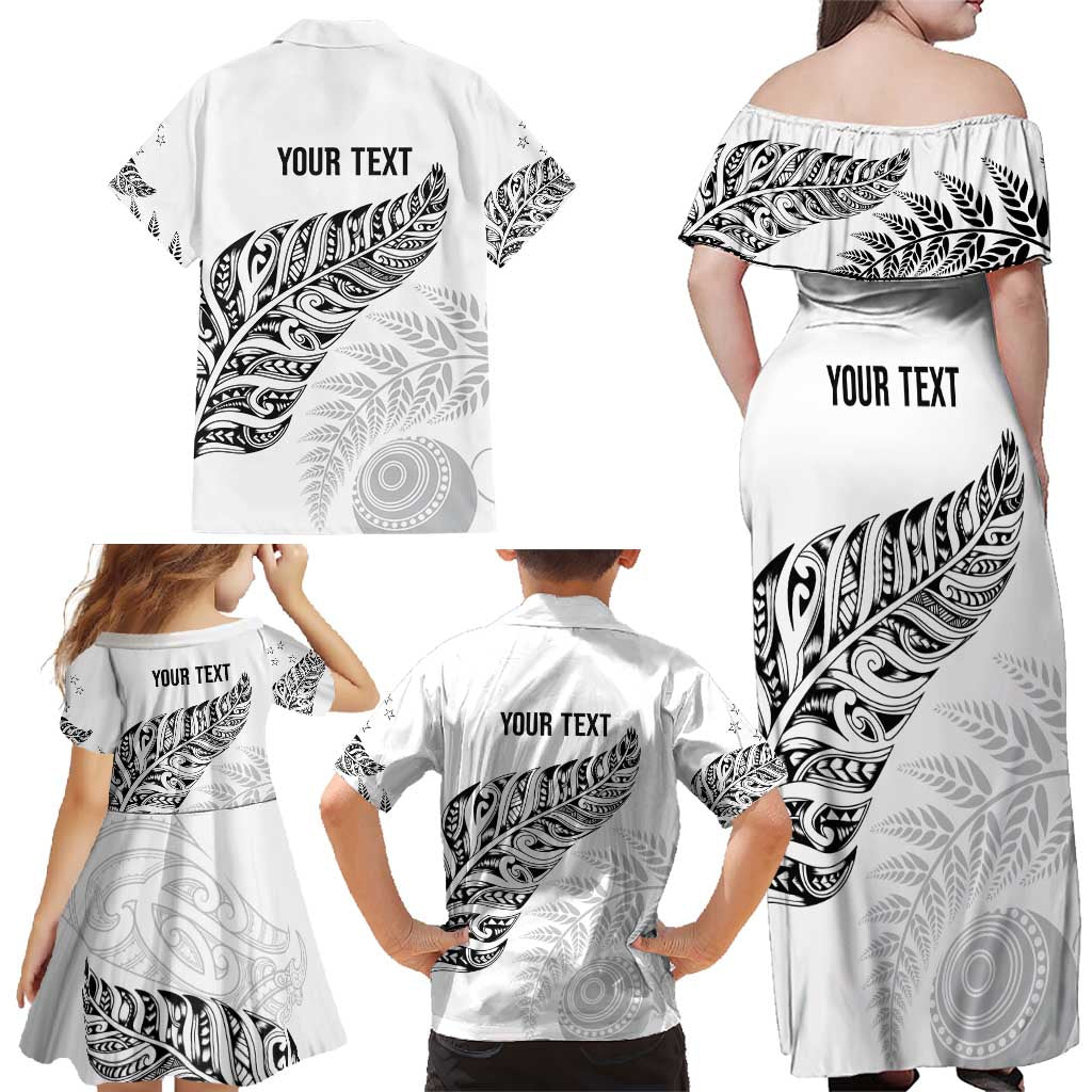 Aotearoa Personalized Lawn Bowls Maori Family Matching Off Shoulder Maxi Dress and Hawaiian Shirt New Zealand White Tribal Silver Fern - Polynesian Pride