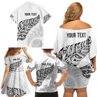 Aotearoa Personalized Lawn Bowls Maori Family Matching Off Shoulder Short Dress and Hawaiian Shirt New Zealand White Tribal Silver Fern - Polynesian Pride