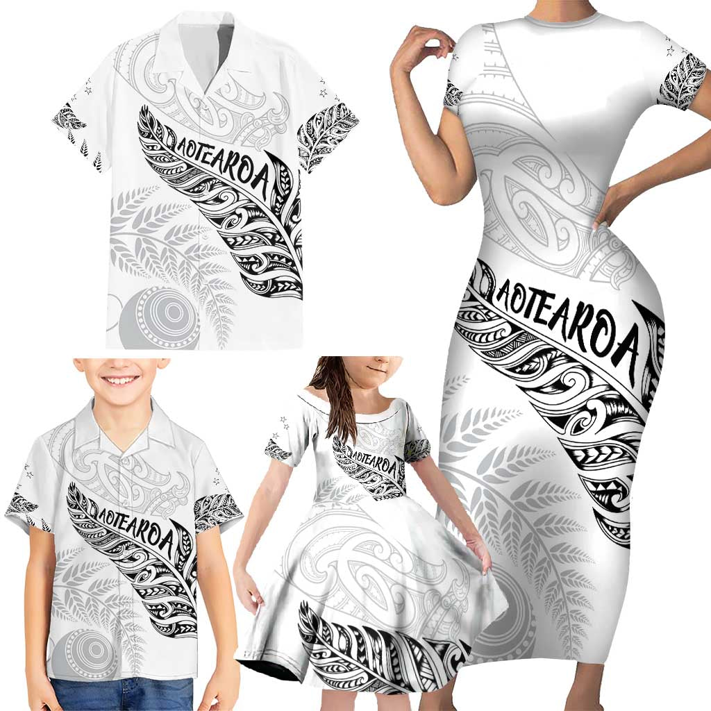 Aotearoa Personalized Lawn Bowls Maori Family Matching Short Sleeve Bodycon Dress and Hawaiian Shirt New Zealand White Tribal Silver Fern - Polynesian Pride