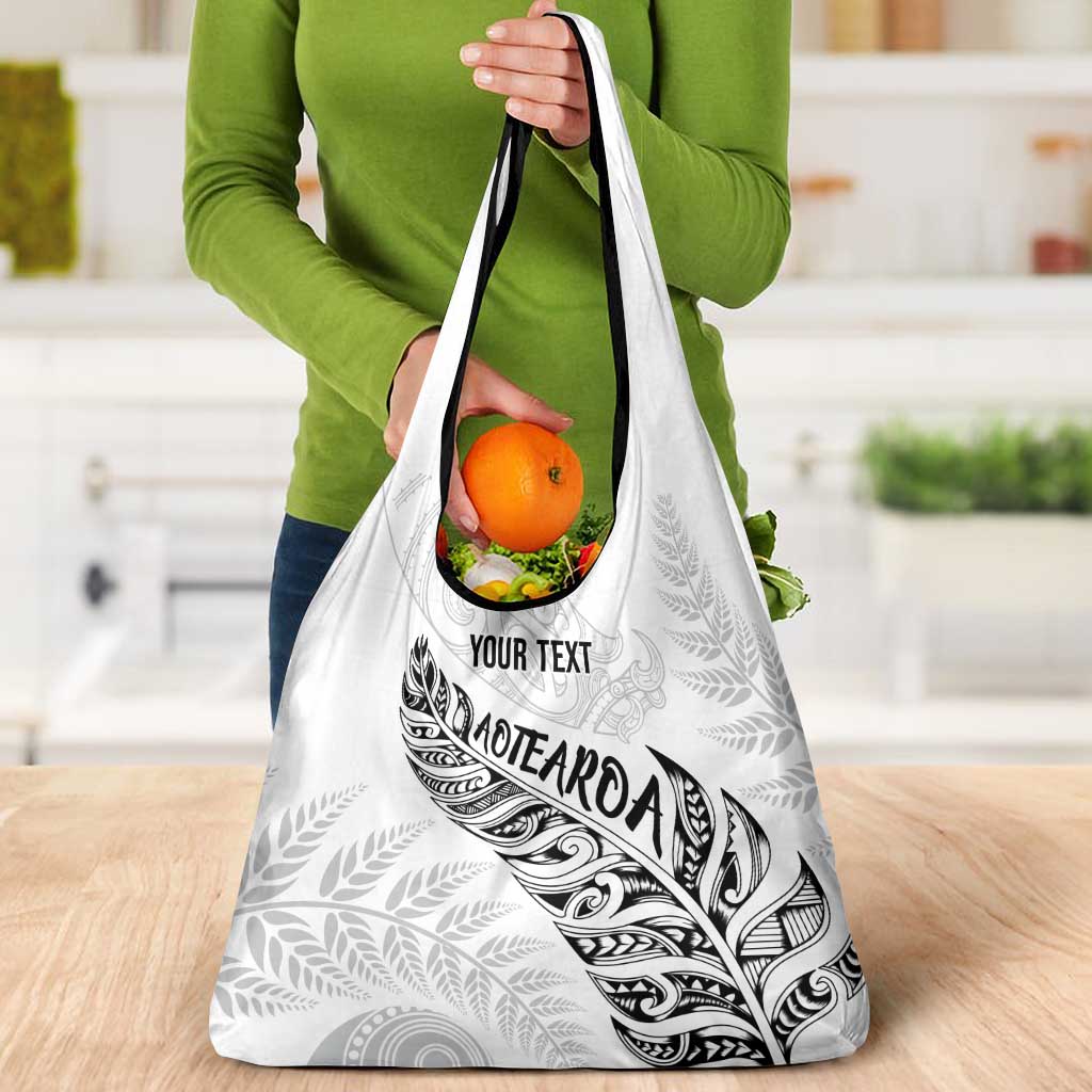 Aotearoa Personalized Lawn Bowls Maori Grocery Bag New Zealand White Tribal Silver Fern - Polynesian Pride