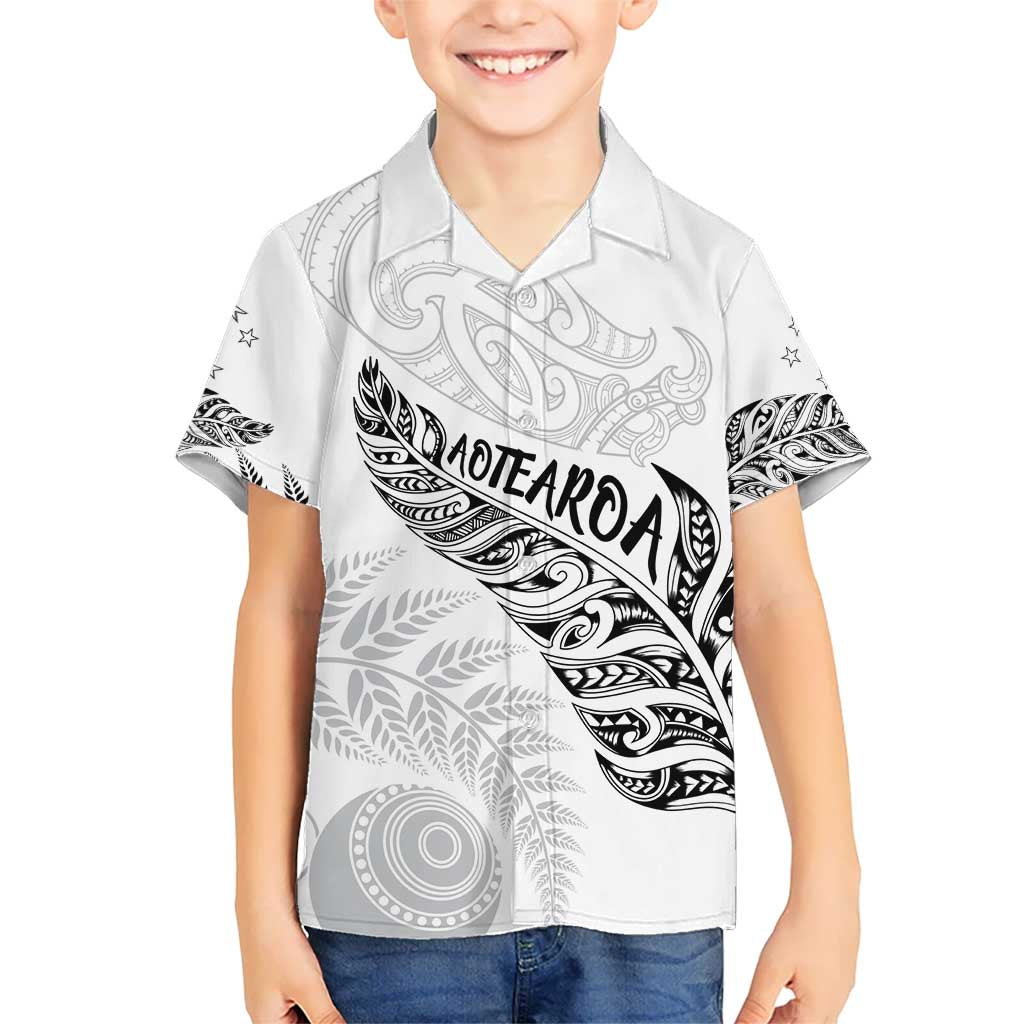 Aotearoa Personalized Lawn Bowls Maori Kid Hawaiian Shirt New Zealand White Tribal Silver Fern - Polynesian Pride