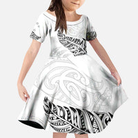 Aotearoa Personalized Lawn Bowls Maori Kid Short Sleeve Dress New Zealand White Tribal Silver Fern - Polynesian Pride