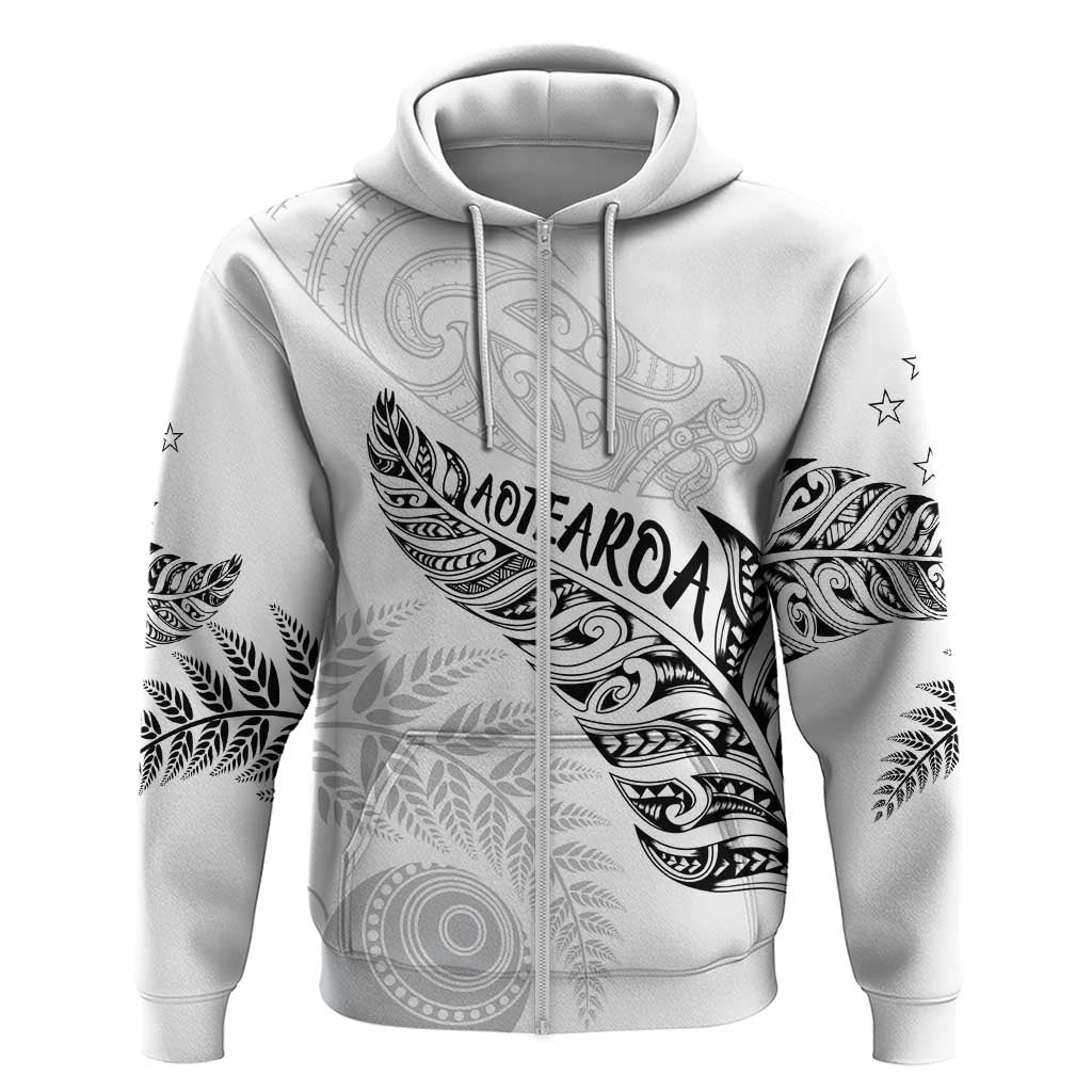 Aotearoa Personalized Lawn Bowls Maori Zip Hoodie New Zealand White Tribal Silver Fern - Polynesian Pride