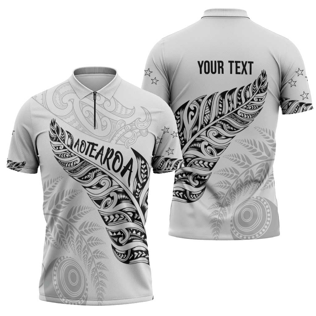 Aotearoa Personalized Lawn Bowls Maori Zipper Polo Shirt New Zealand White Tribal Silver Fern - Polynesian Pride