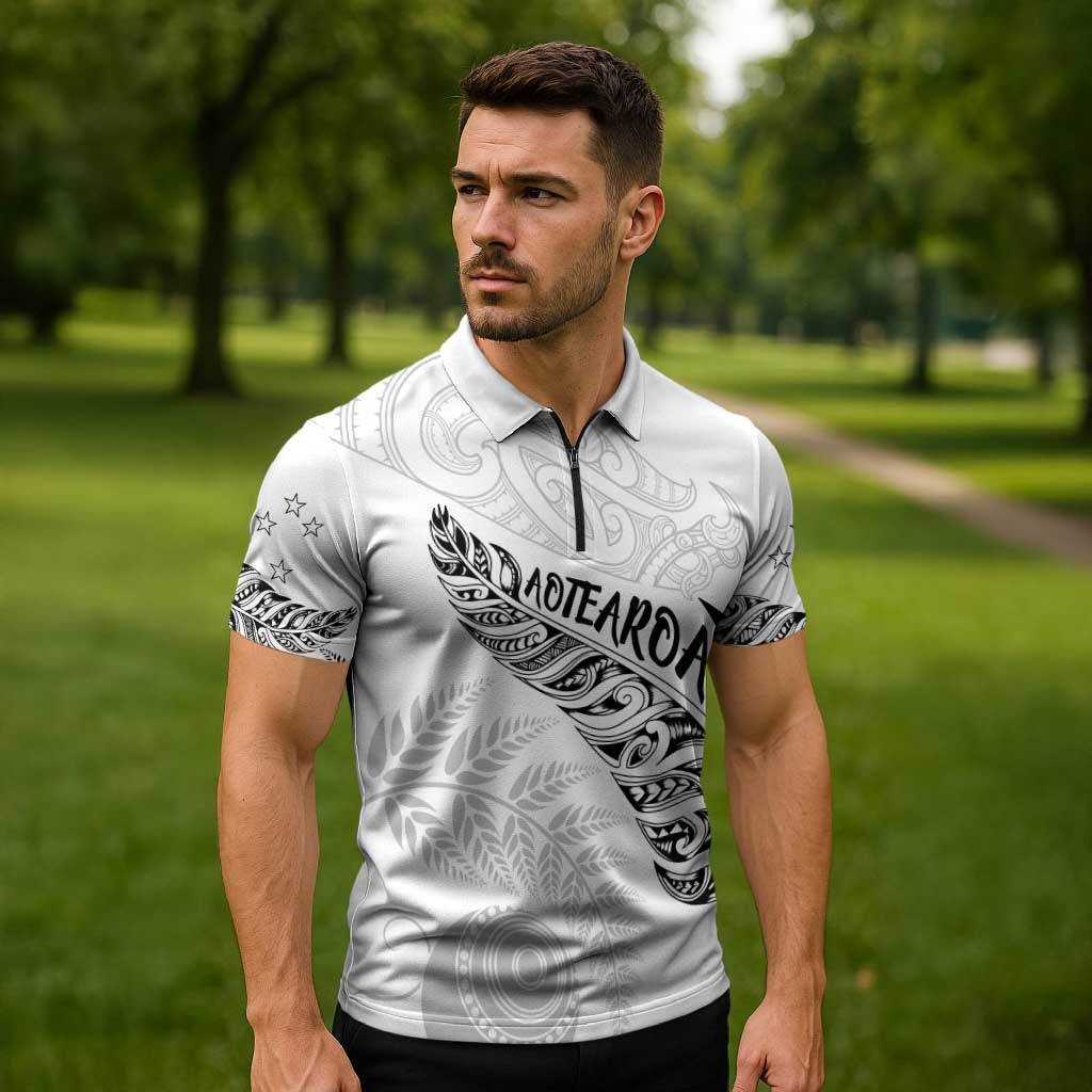 Aotearoa Personalized Lawn Bowls Maori Zipper Polo Shirt New Zealand White Tribal Silver Fern - Polynesian Pride