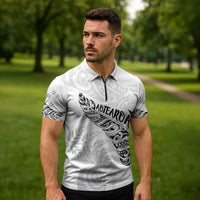 Aotearoa Personalized Lawn Bowls Maori Zipper Polo Shirt New Zealand White Tribal Silver Fern - Polynesian Pride