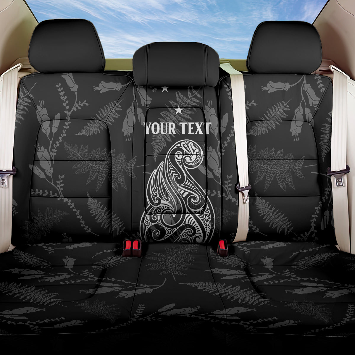 Personalised Maori Waitangi Back Car Seat Cover New Zealand Silver Fern Mix Kowhai Flowers LT7 One Size Black - Polynesian Pride