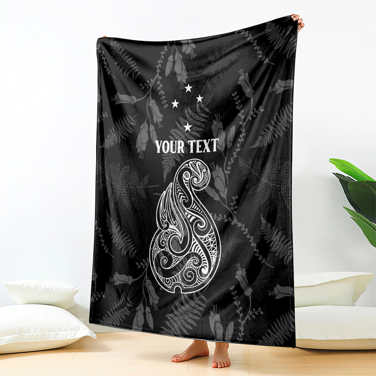 Personalised Maori Waitangi Blanket New Zealand Silver Fern Mix Kowhai Flowers LT7 Black - Polynesian Pride