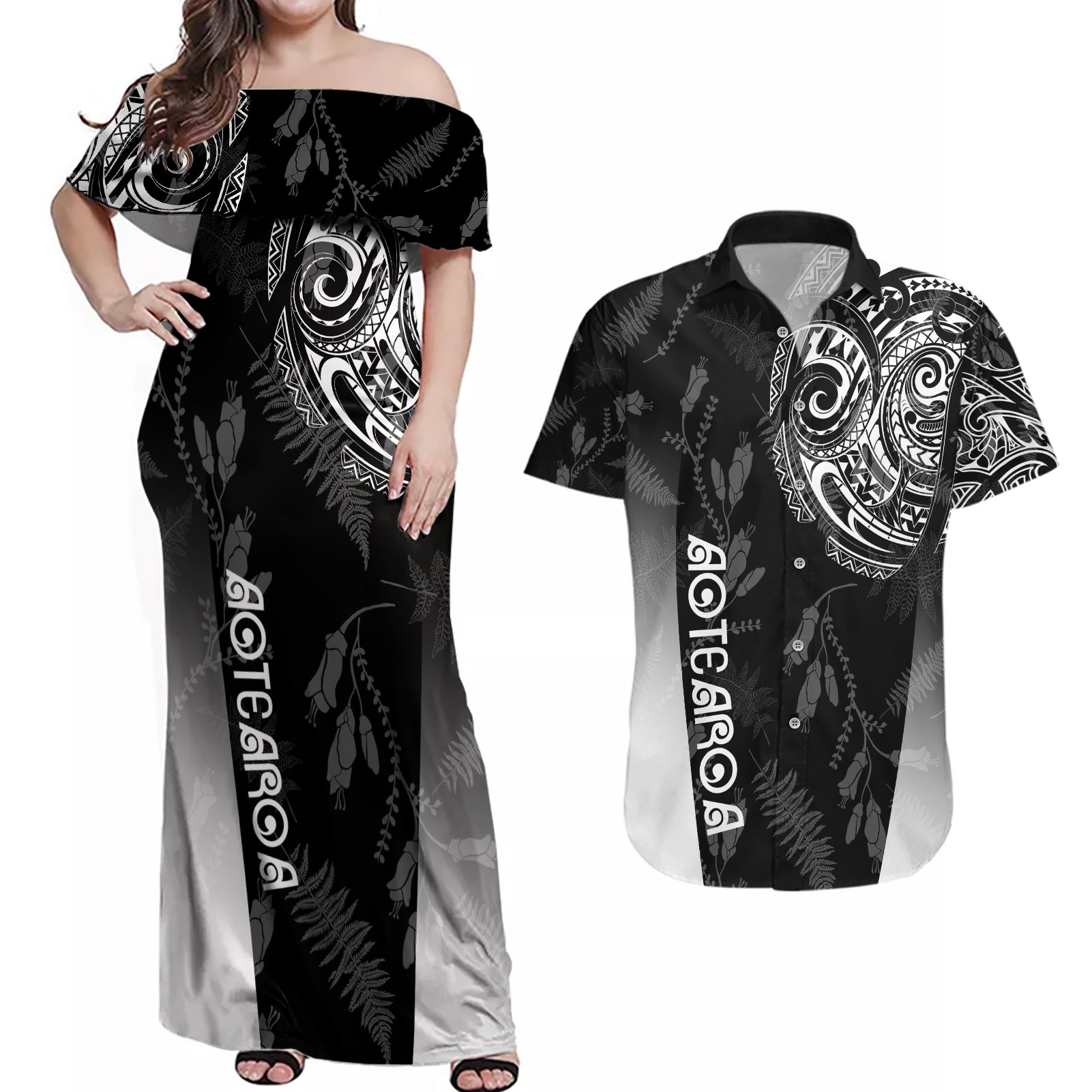 Personalised Maori Waitangi Couples Matching Off Shoulder Maxi Dress and Hawaiian Shirt New Zealand Silver Fern Mix Kowhai Flowers LT7 Black - Polynesian Pride