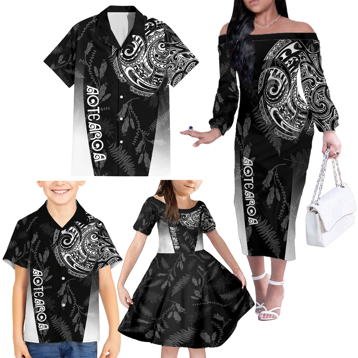 Personalised Maori Waitangi Family Matching Off Shoulder Long Sleeve Dress and Hawaiian Shirt New Zealand Silver Fern Mix Kowhai Flowers LT7 - Polynesian Pride