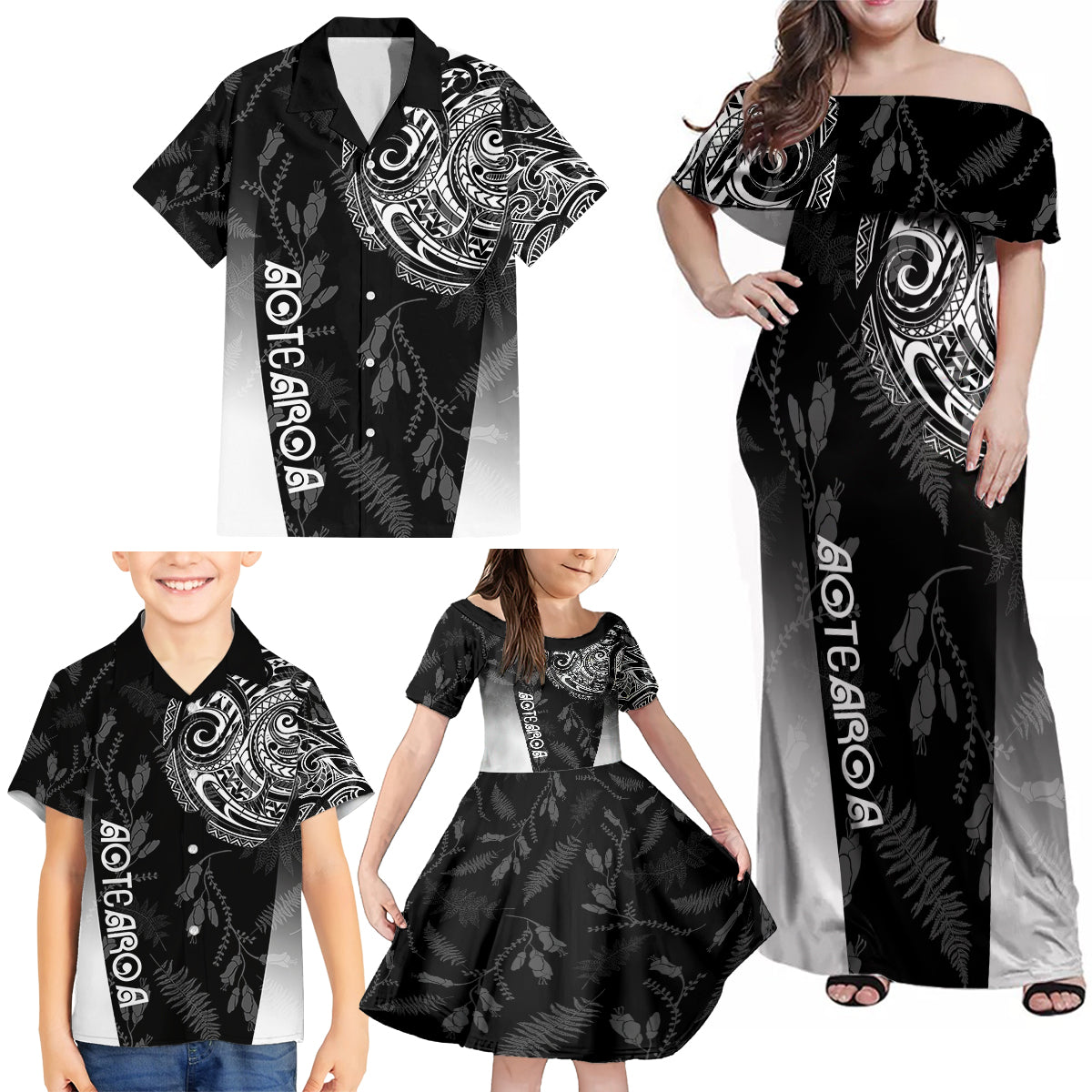 Personalised Maori Waitangi Family Matching Off Shoulder Maxi Dress and Hawaiian Shirt New Zealand Silver Fern Mix Kowhai Flowers LT7 - Polynesian Pride