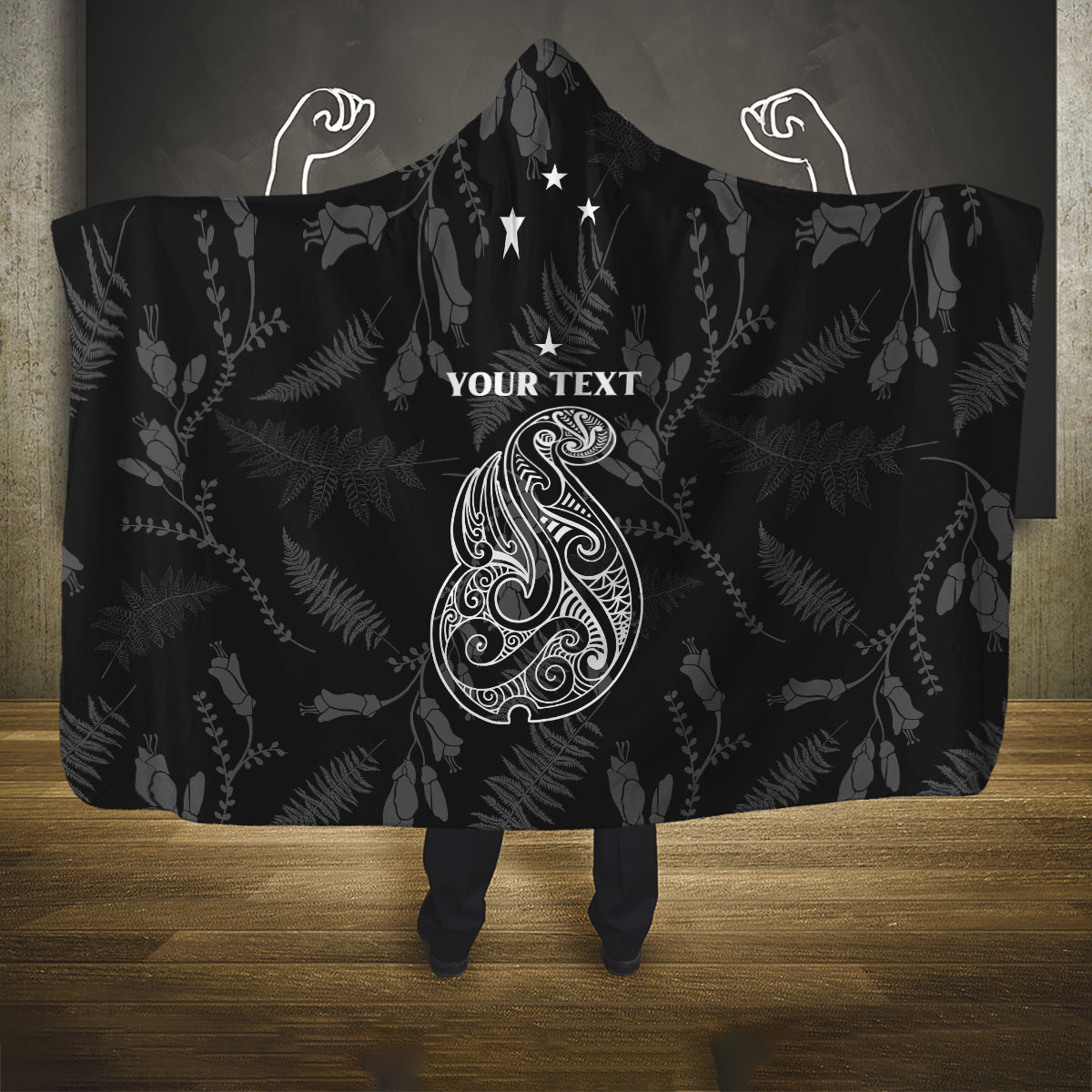 Personalised Maori Waitangi Hooded Blanket New Zealand Silver Fern Mix Kowhai Flowers LT7 One Size Black - Polynesian Pride