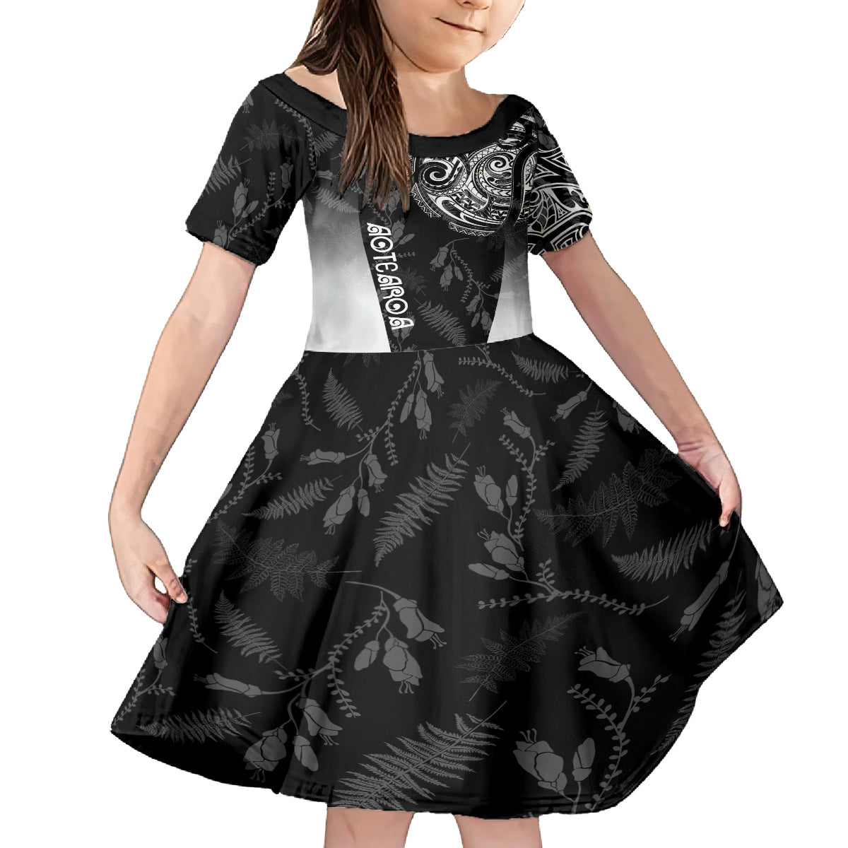 Personalised Maori Waitangi Kid Short Sleeve Dress New Zealand Silver Fern Mix Kowhai Flowers LT7 KID Black - Polynesian Pride