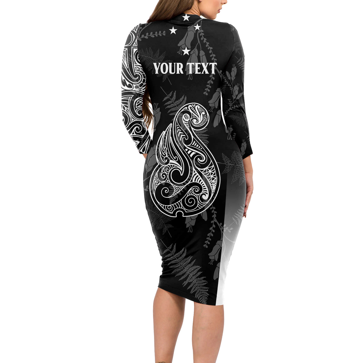 Personalised Maori Waitangi Long Sleeve Bodycon Dress New Zealand Silver Fern Mix Kowhai Flowers LT7 - Polynesian Pride