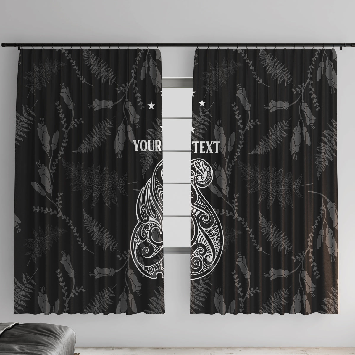 Personalised Maori Waitangi Window Curtain New Zealand Silver Fern Mix Kowhai Flowers LT7 With Hooks Black - Polynesian Pride