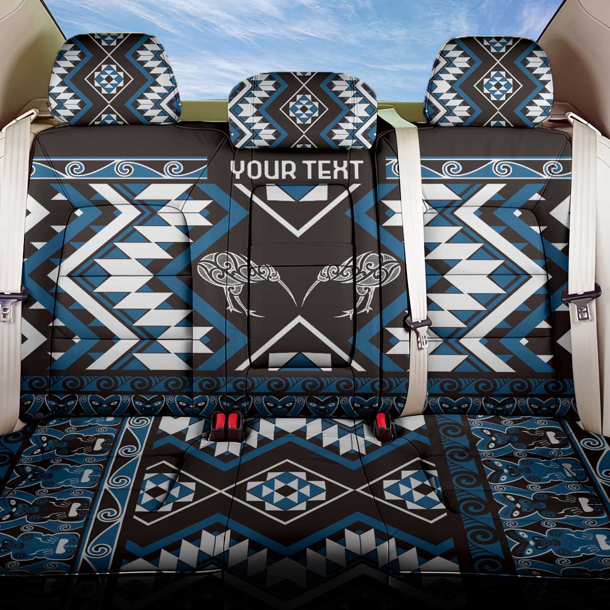 Personalised Taniko Motifs Aotearoa Back Car Seat Cover Waitangi Kowhaiwhai Kiwi - Blue