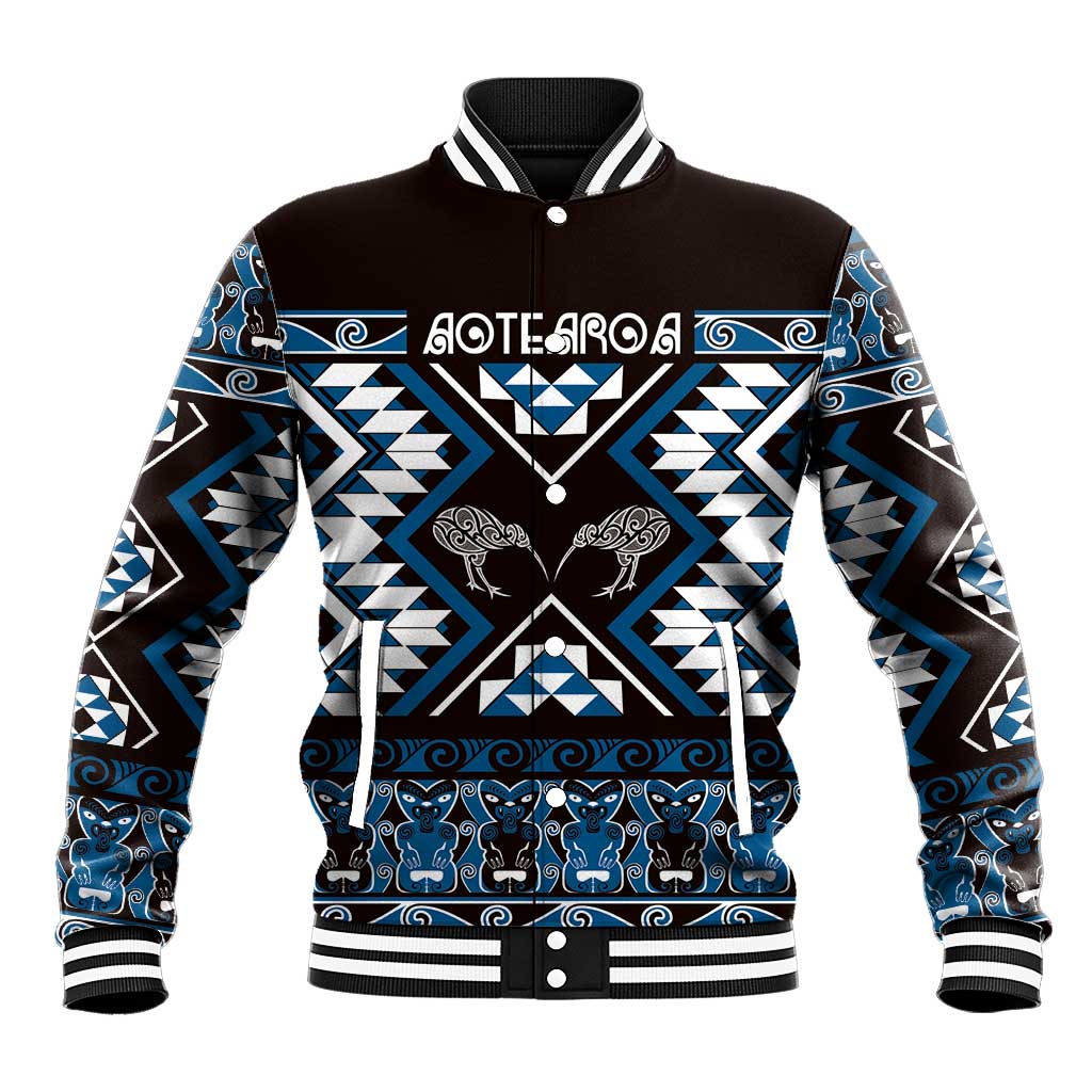 Personalised Taniko Motifs Aotearoa Baseball Jacket Waitangi Kowhaiwhai Kiwi - Blue LT7 Unisex Blue - Polynesian Pride