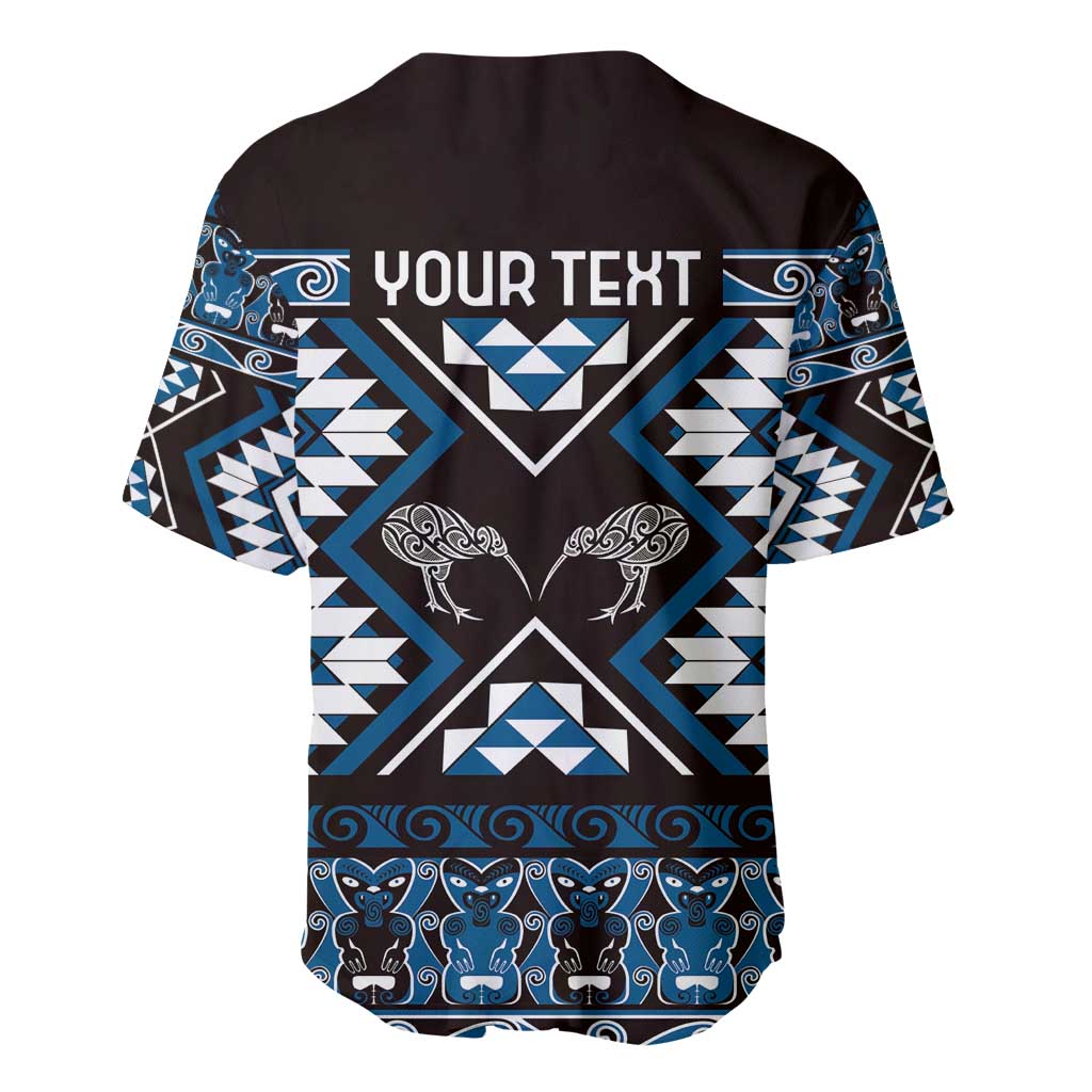 Personalised Taniko Motifs Aotearoa Baseball Jersey Waitangi Kowhaiwhai Kiwi - Blue