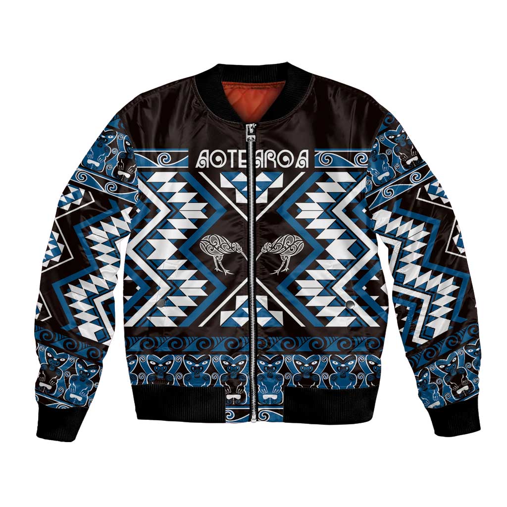 Personalised Taniko Motifs Aotearoa Bomber Jacket Waitangi Kowhaiwhai Kiwi - Blue