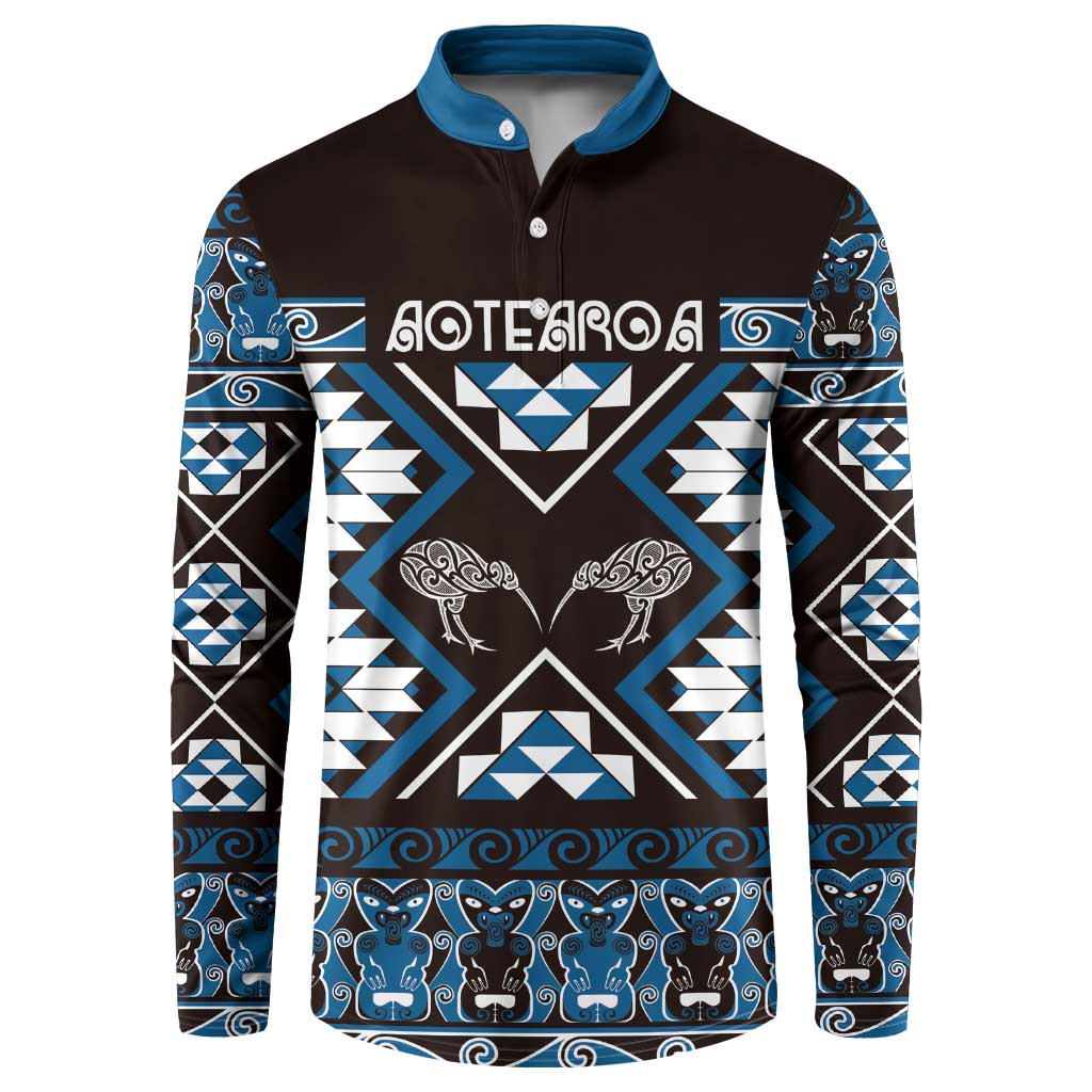 Personalised Taniko Motifs Aotearoa Button Sweatshirt Waitangi Kowhaiwhai Kiwi - Blue LT7 Blue - Polynesian Pride