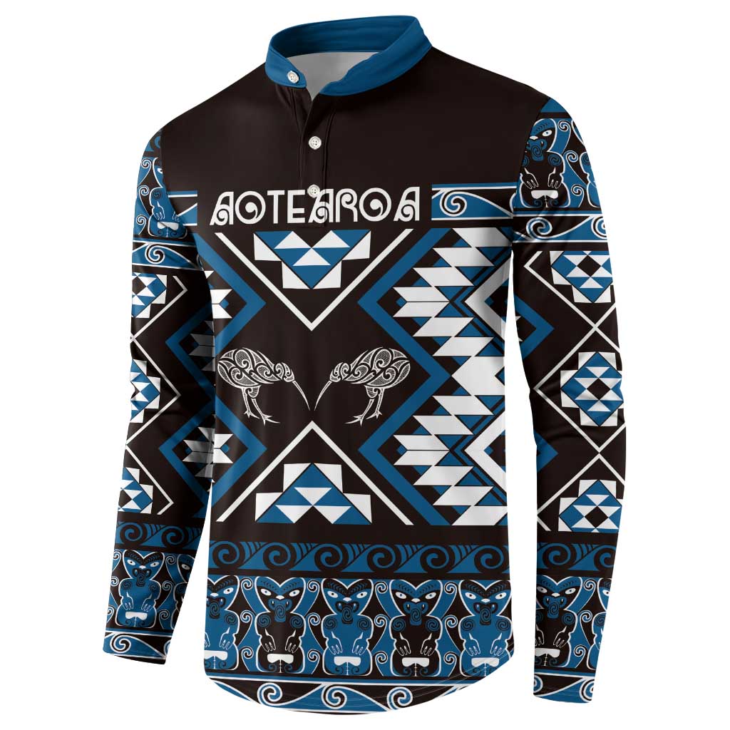 Personalised Taniko Motifs Aotearoa Button Sweatshirt Waitangi Kowhaiwhai Kiwi - Blue LT7 - Polynesian Pride