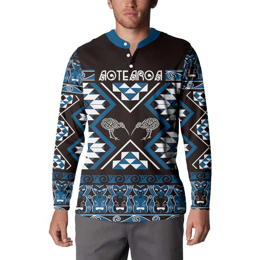 Personalised Taniko Motifs Aotearoa Button Sweatshirt Waitangi Kowhaiwhai Kiwi - Blue LT7 - Polynesian Pride