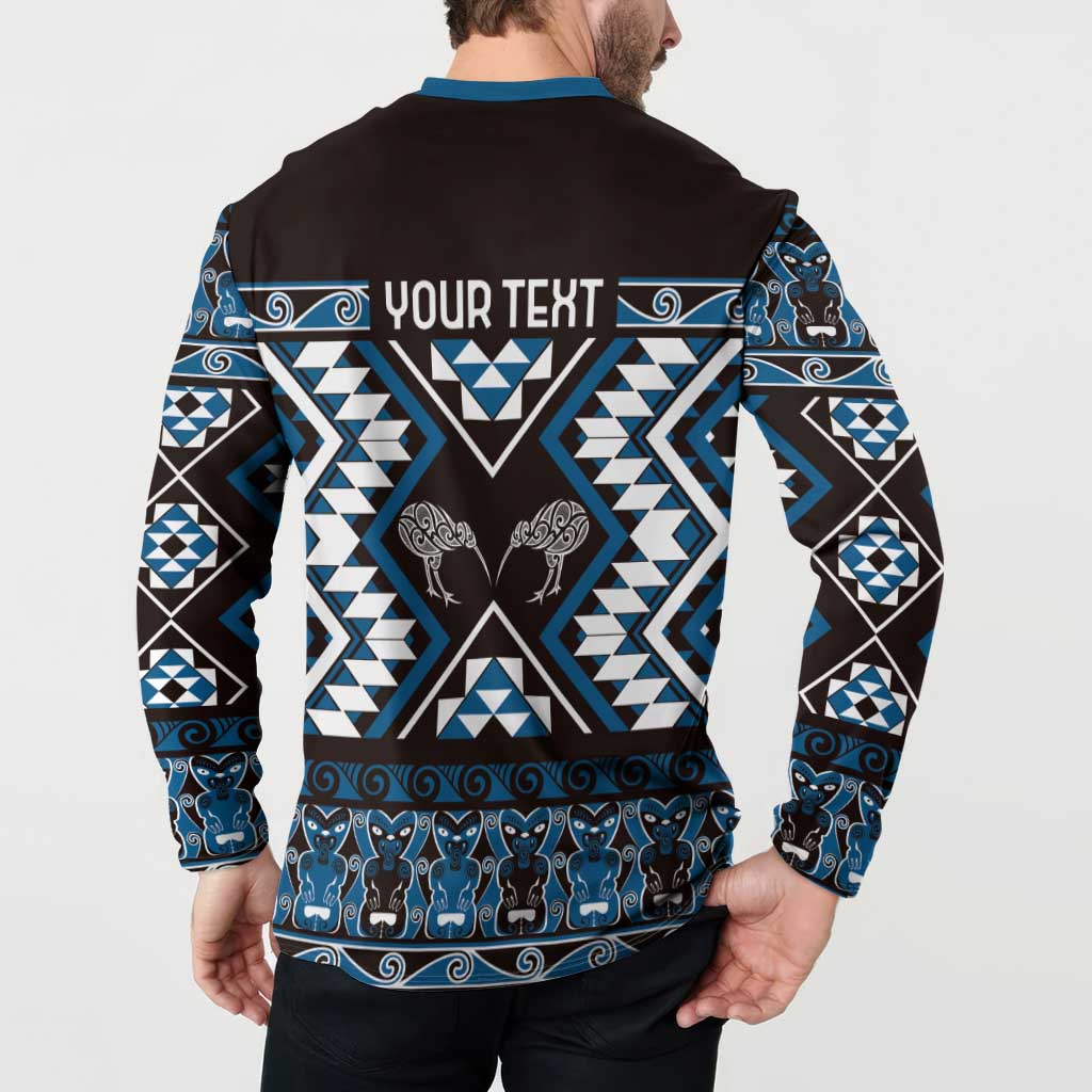 Personalised Taniko Motifs Aotearoa Button Sweatshirt Waitangi Kowhaiwhai Kiwi - Blue LT7 - Polynesian Pride