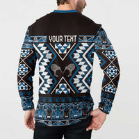 Personalised Taniko Motifs Aotearoa Button Sweatshirt Waitangi Kowhaiwhai Kiwi - Blue LT7 - Polynesian Pride