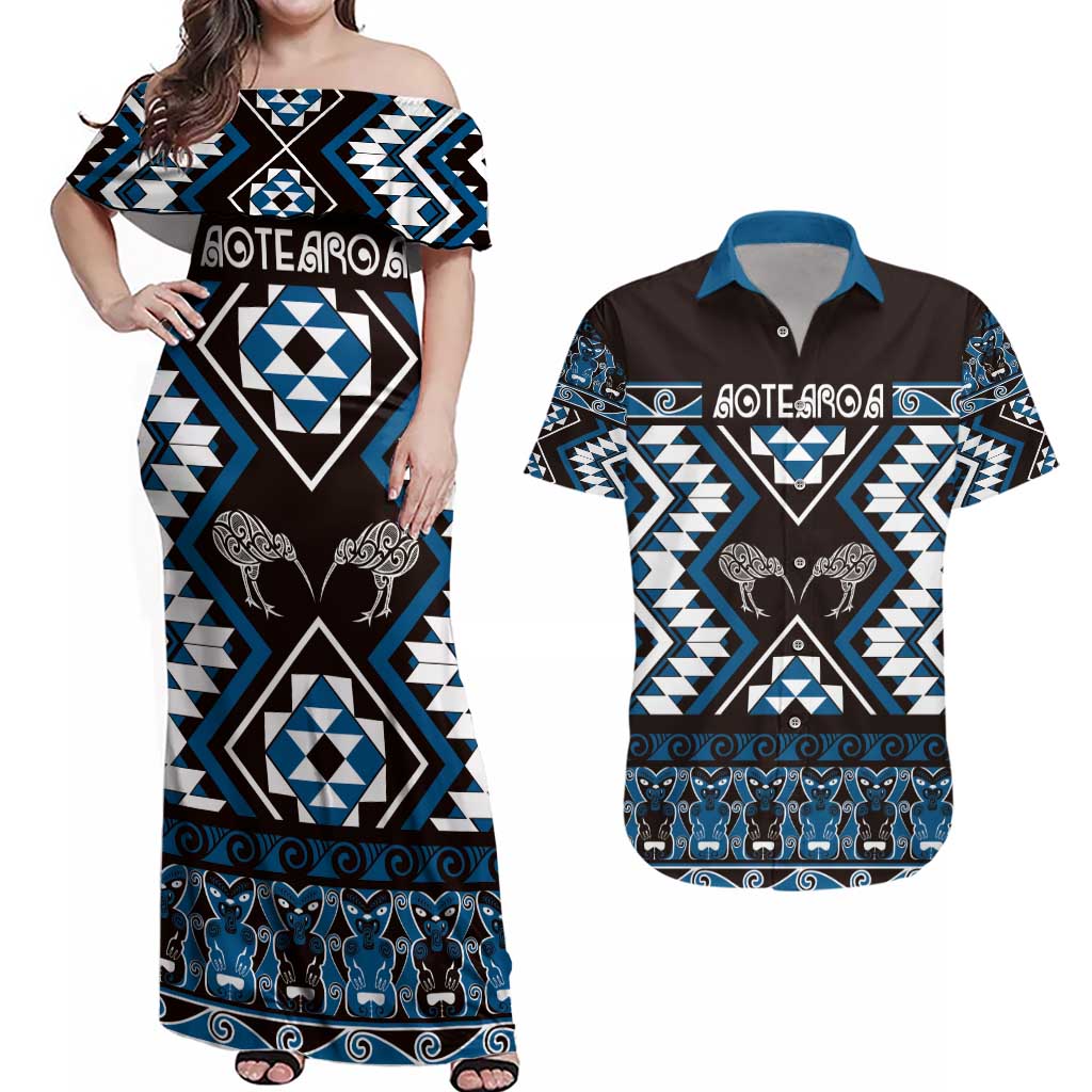 Personalised Taniko Motifs Aotearoa Couples Matching Off Shoulder Maxi Dress and Hawaiian Shirt Waitangi Kowhaiwhai Kiwi - Blue