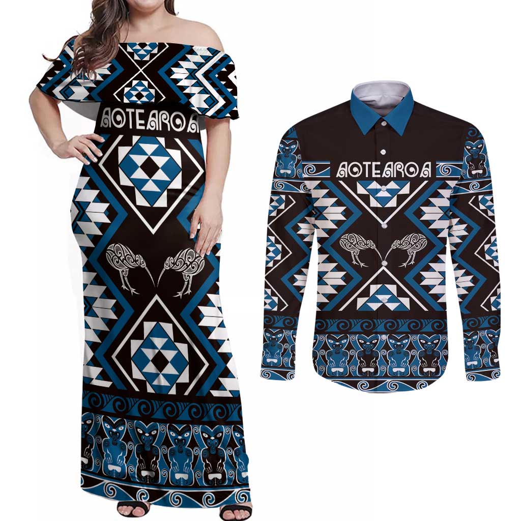 Personalised Taniko Motifs Aotearoa Couples Matching Off Shoulder Maxi Dress and Long Sleeve Button Shirt Waitangi Kowhaiwhai Kiwi - Blue